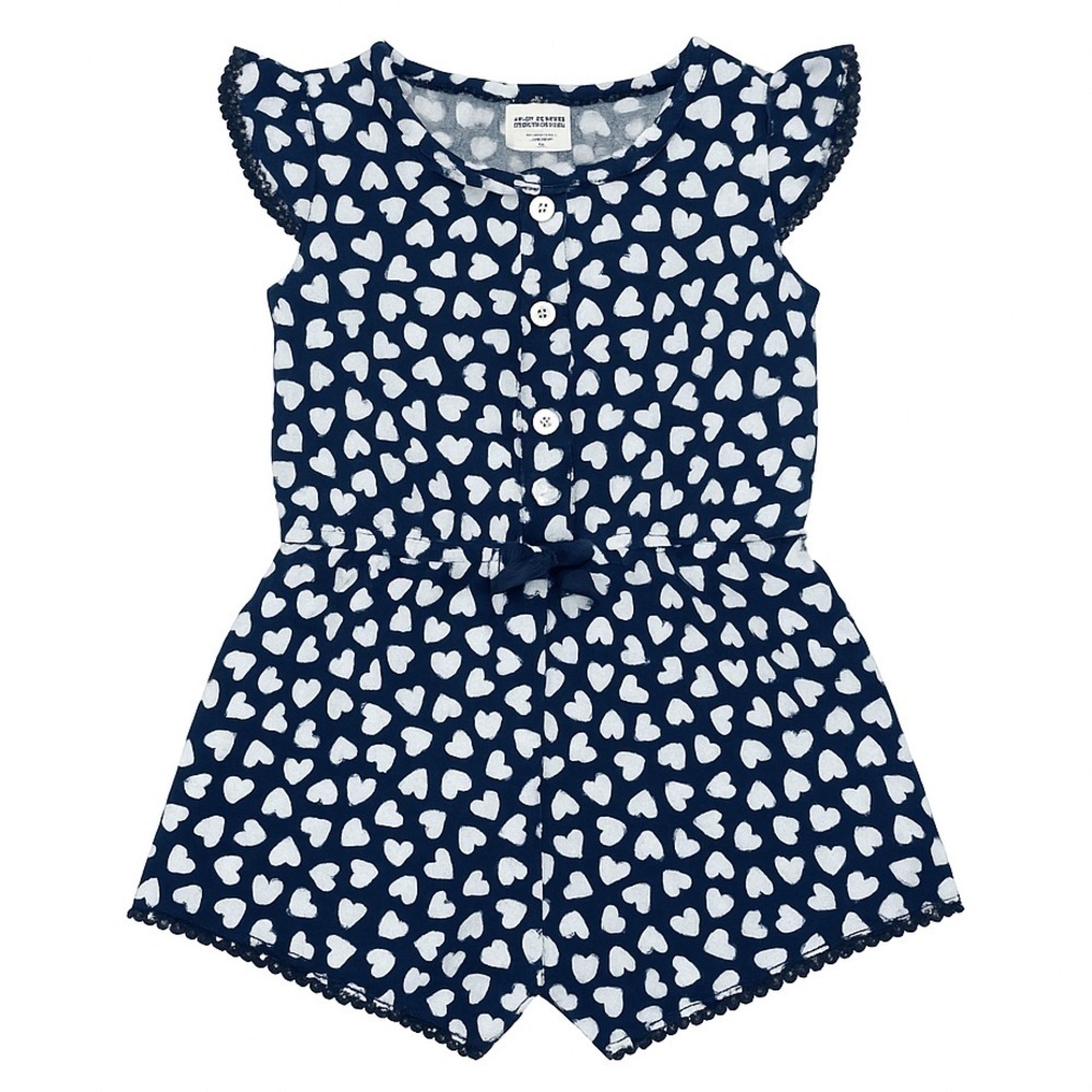 Blue and White Heart Romper with Ruffle Sleeves